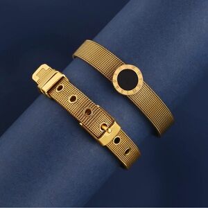 Gold Roman Numeral Bangle Bracelet Italy Chunk Chain Stainless Steel Non-Tarnish